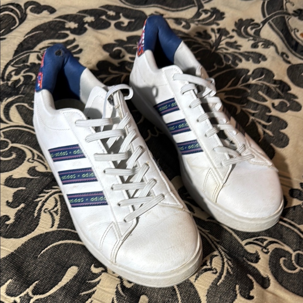 Adidas Men's White Sneakers with Blue Stripes